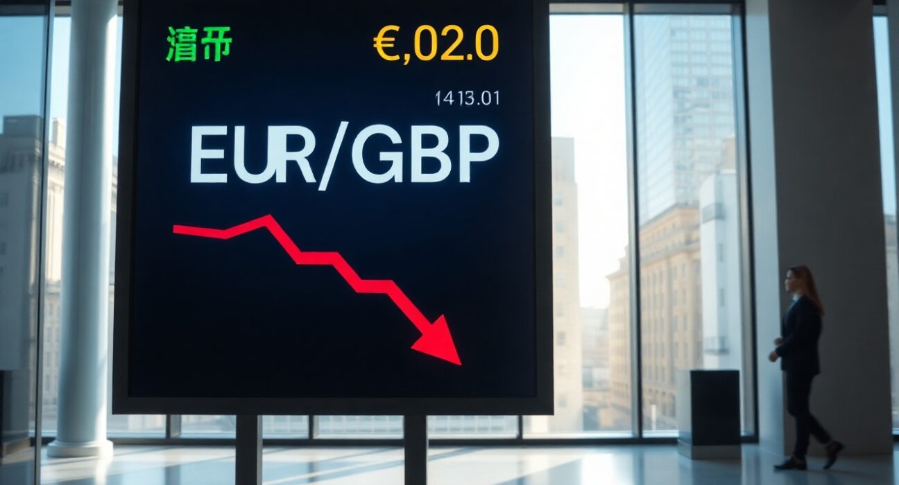 EUR/GBP exchange rate displayed on a digital trading screen with a downward trend