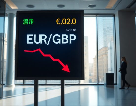 EUR/GBP exchange rate displayed on a digital trading screen with a downward trend