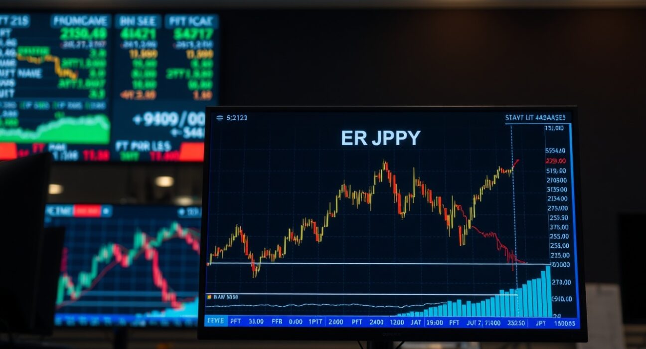 EUR/JPY currency chart showing downward trend on a trading screen in a modern financial setting.