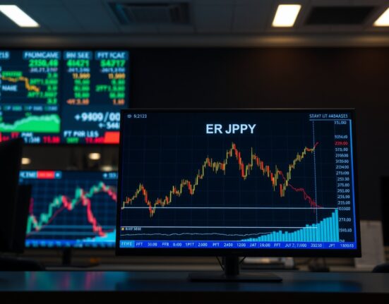 EUR/JPY currency chart showing downward trend on a trading screen in a modern financial setting.
