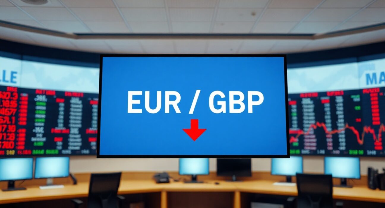 EUR/GBP exchange rate display on a financial newsroom screen with negative movement.