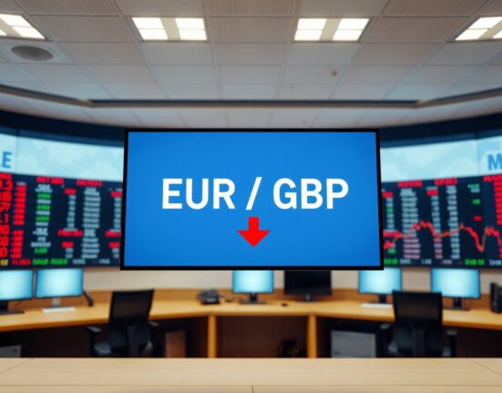 EUR/GBP exchange rate display on a financial newsroom screen with negative movement.