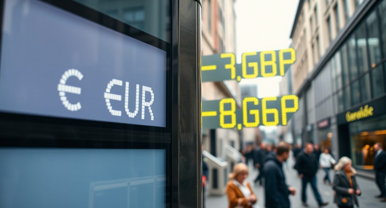 Digital currency exchange board showing EUR/GBP rates in a European financial district