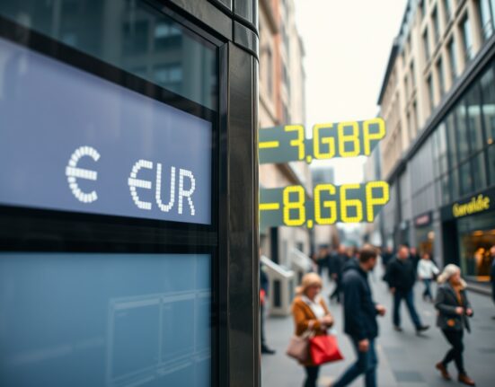 Digital currency exchange board showing EUR/GBP rates in a European financial district
