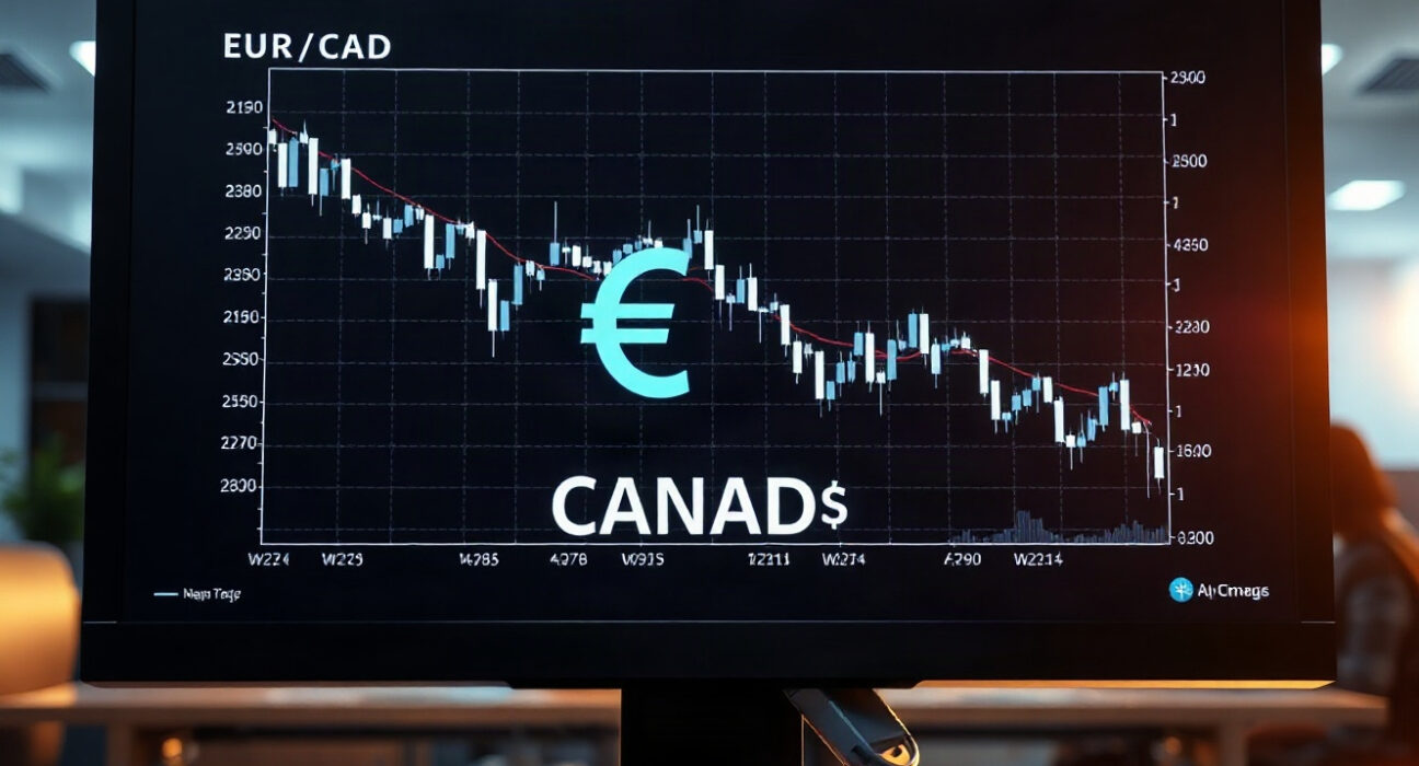 Euro and Canadian dollar exchange rate chart showing a decline after Eurozone inflation data