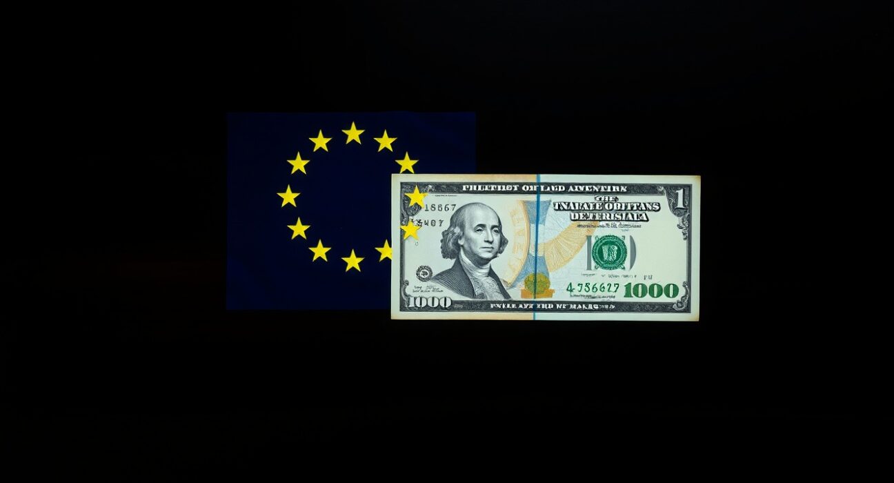 EU flag and US dollar banknote representing euro-dollar exchange rate under risk aversion