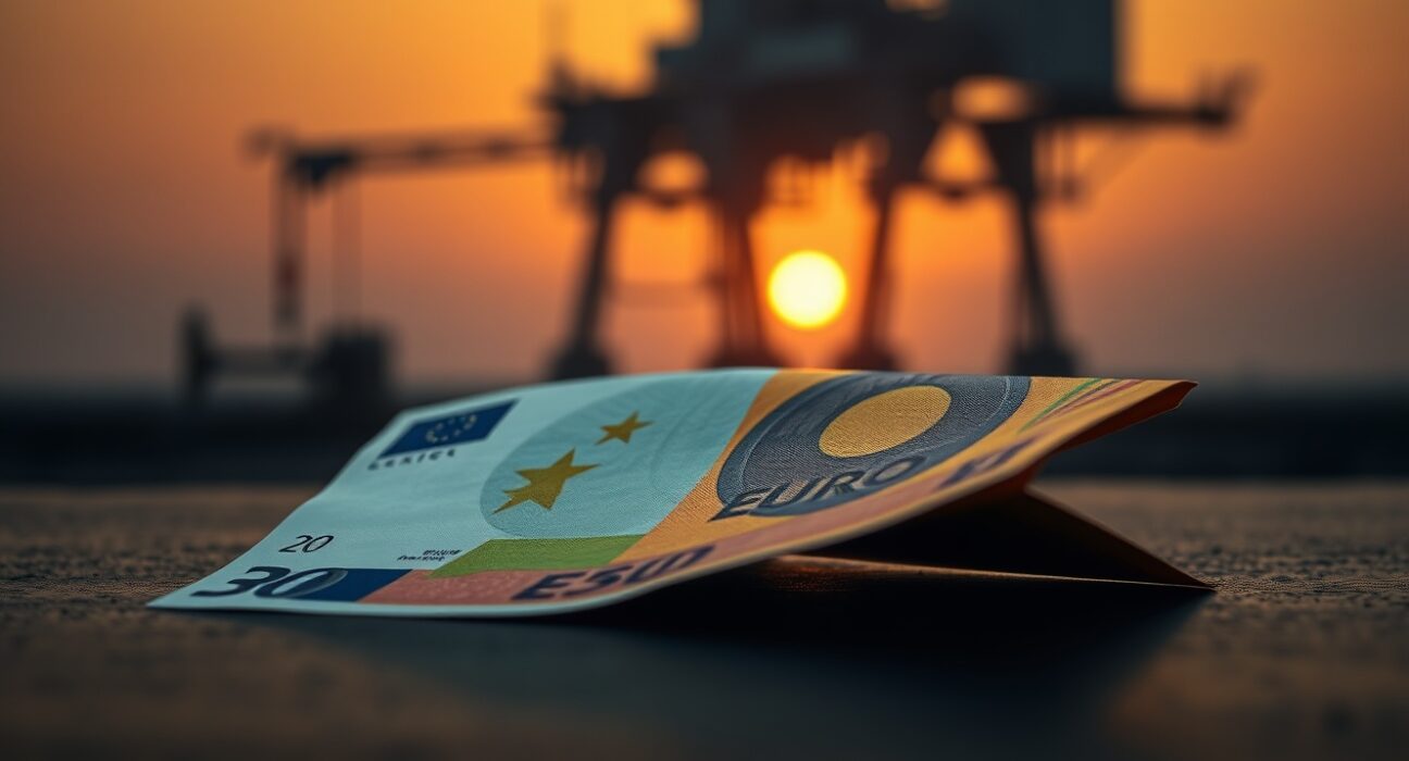 Euro banknote on reflective surface with blurred oil rig silhouette in sunset background representing geopolitical and oil price pressures