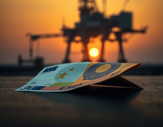Euro banknote on reflective surface with blurred oil rig silhouette in sunset background representing geopolitical and oil price pressures