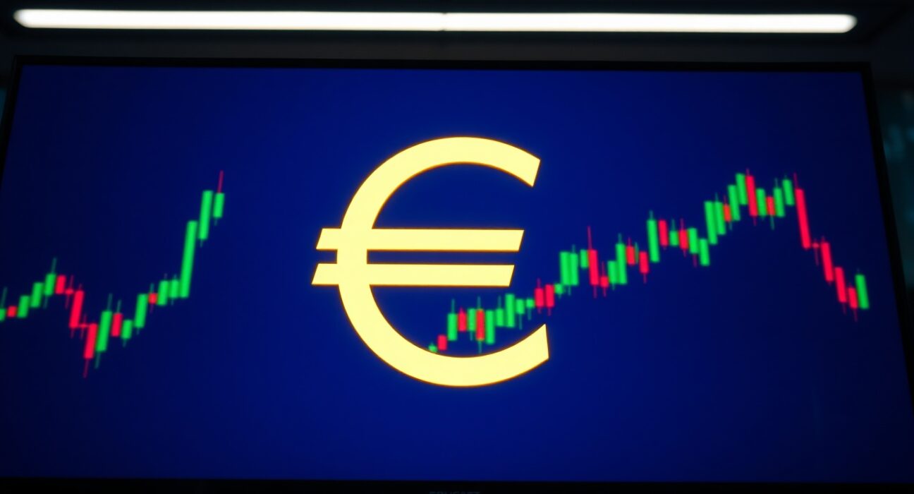 Euro currency symbol on a financial trading screen with candlestick charts in the background.