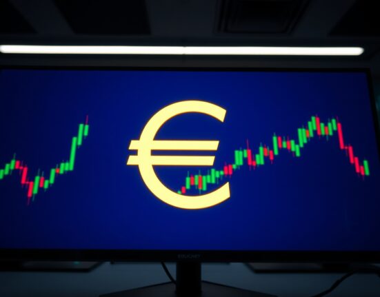Euro currency symbol on a financial trading screen with candlestick charts in the background.