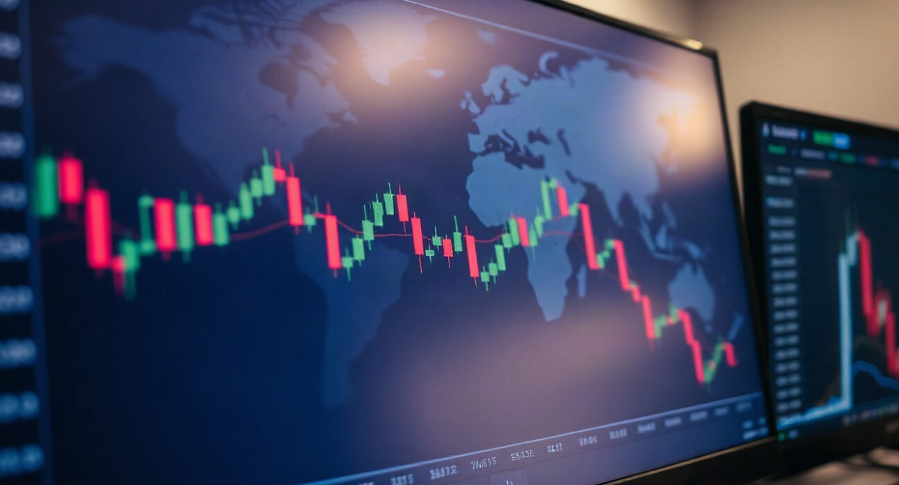 EUR/USD forex chart on a trading screen with world map in background