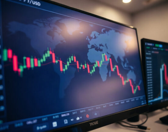 EUR/USD forex chart on a trading screen with world map in background