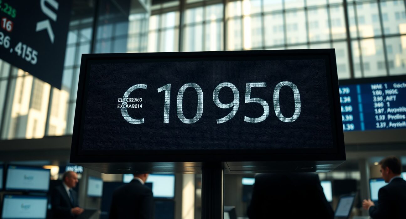 EUR/USD exchange rate displayed on a digital board in a financial trading floor