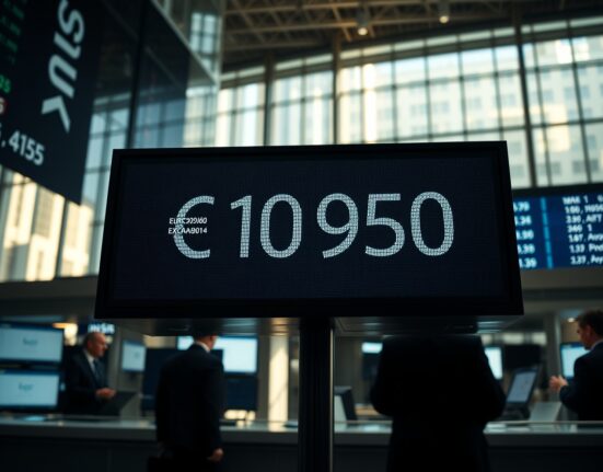 EUR/USD exchange rate displayed on a digital board in a financial trading floor