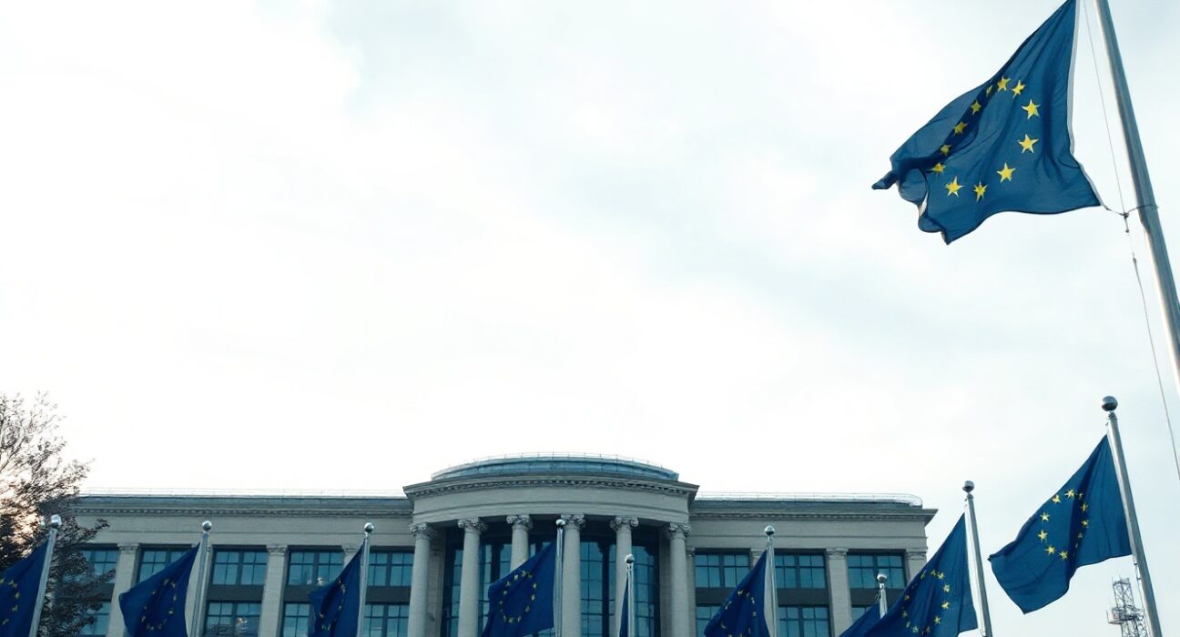 European Central Bank headquarters in Frankfurt with euro flags under overcast sky