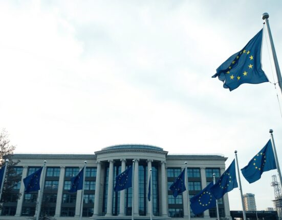 European Central Bank headquarters in Frankfurt with euro flags under overcast sky