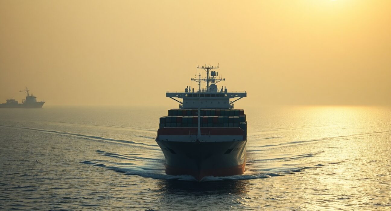 Cargo ship navigating the Strait of Hormuz under hazy sunlight, representing geopolitical risk.