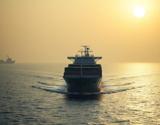 Cargo ship navigating the Strait of Hormuz under hazy sunlight, representing geopolitical risk.
