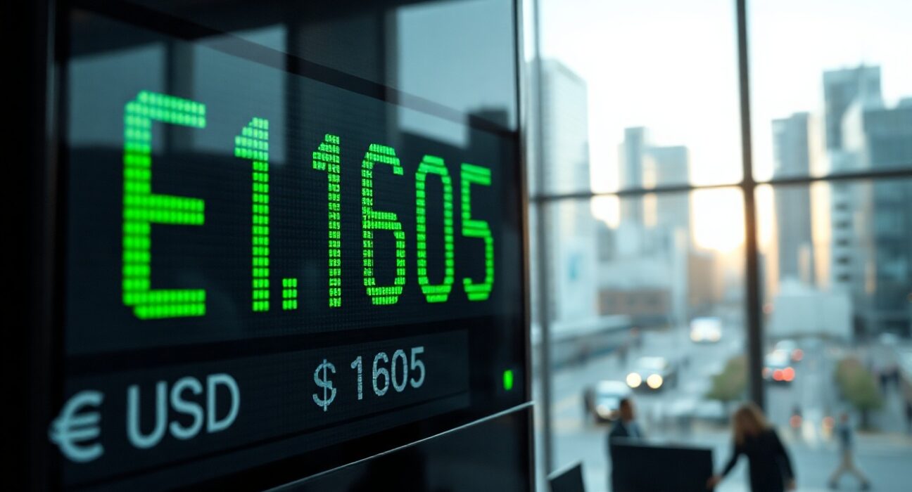 EUR/USD exchange rate displayed at 1.1605 on a digital trading screen in a modern financial district setting