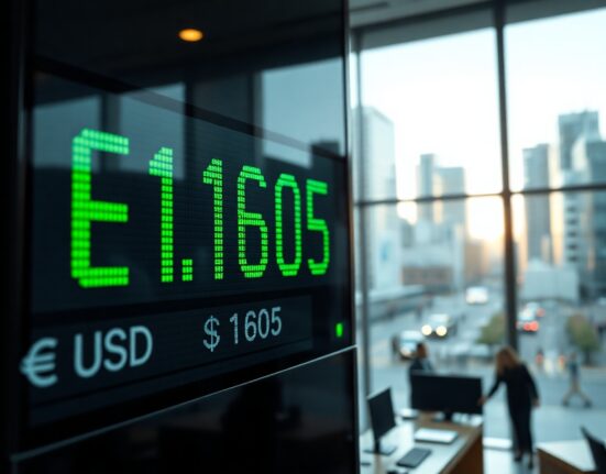EUR/USD exchange rate displayed at 1.1605 on a digital trading screen in a modern financial district setting
