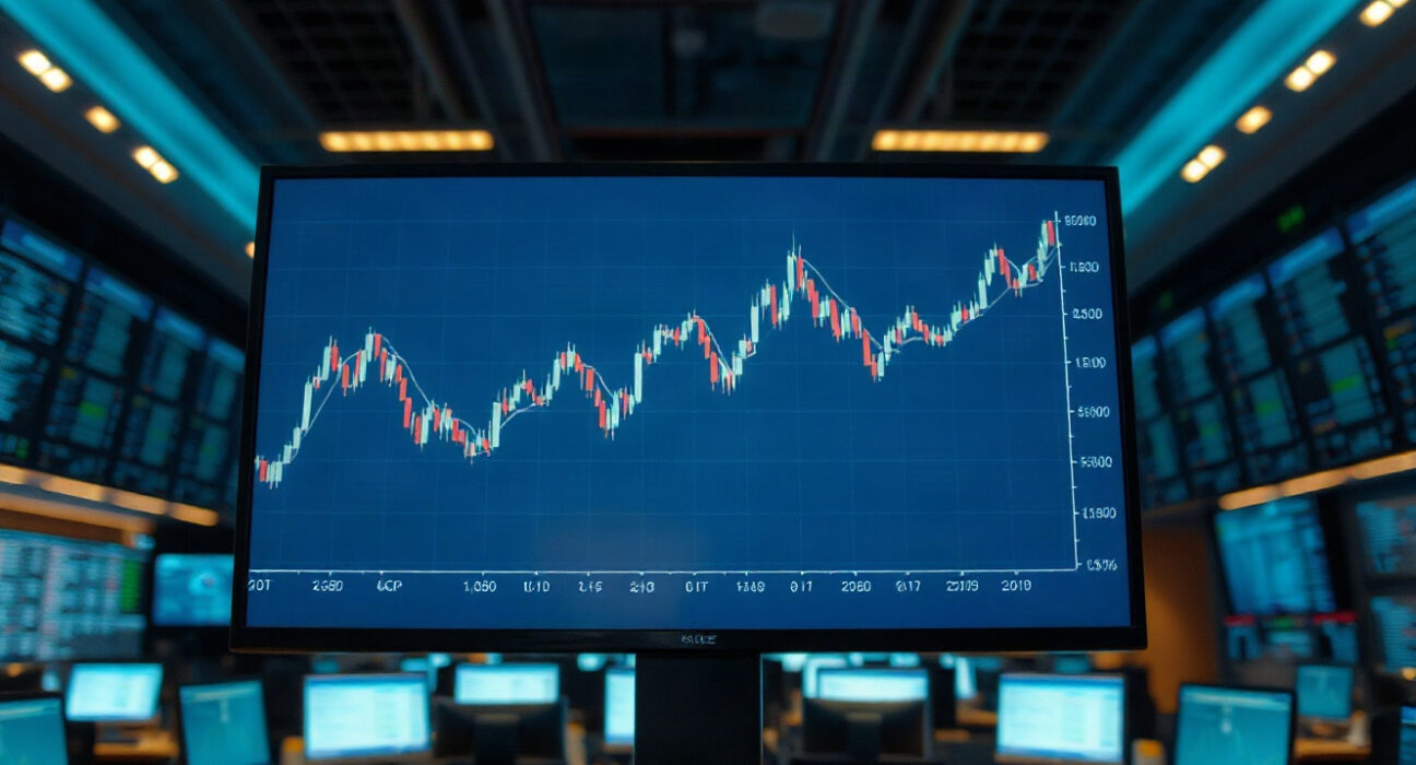 A EUR/GBP trading chart on a digital screen in a modern trading floor