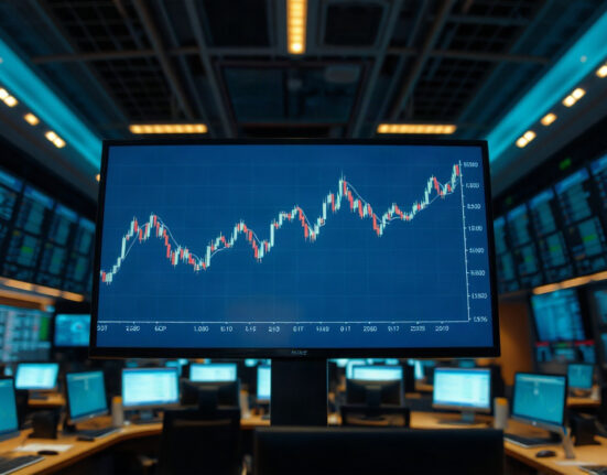 A EUR/GBP trading chart on a digital screen in a modern trading floor