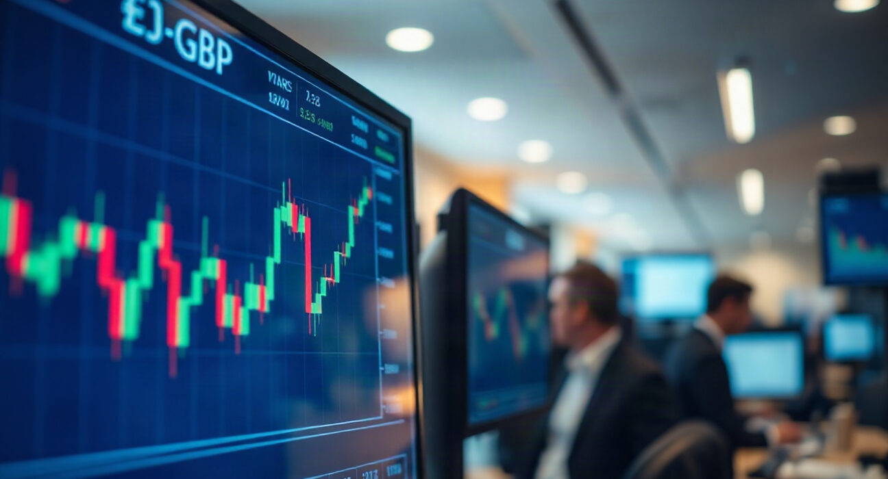 Trading screen showing EUR/GBP currency pair charts in a financial office
