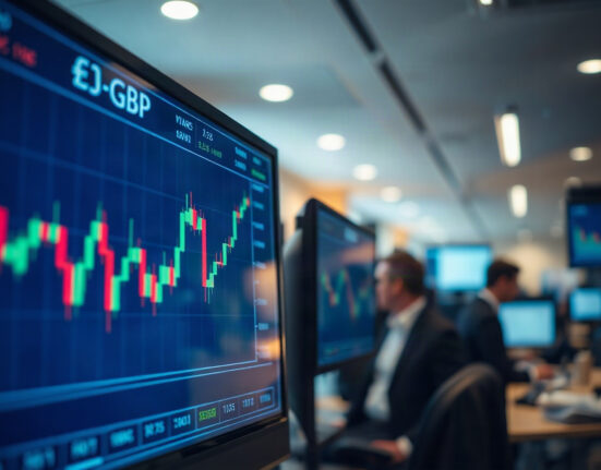 Trading screen showing EUR/GBP currency pair charts in a financial office