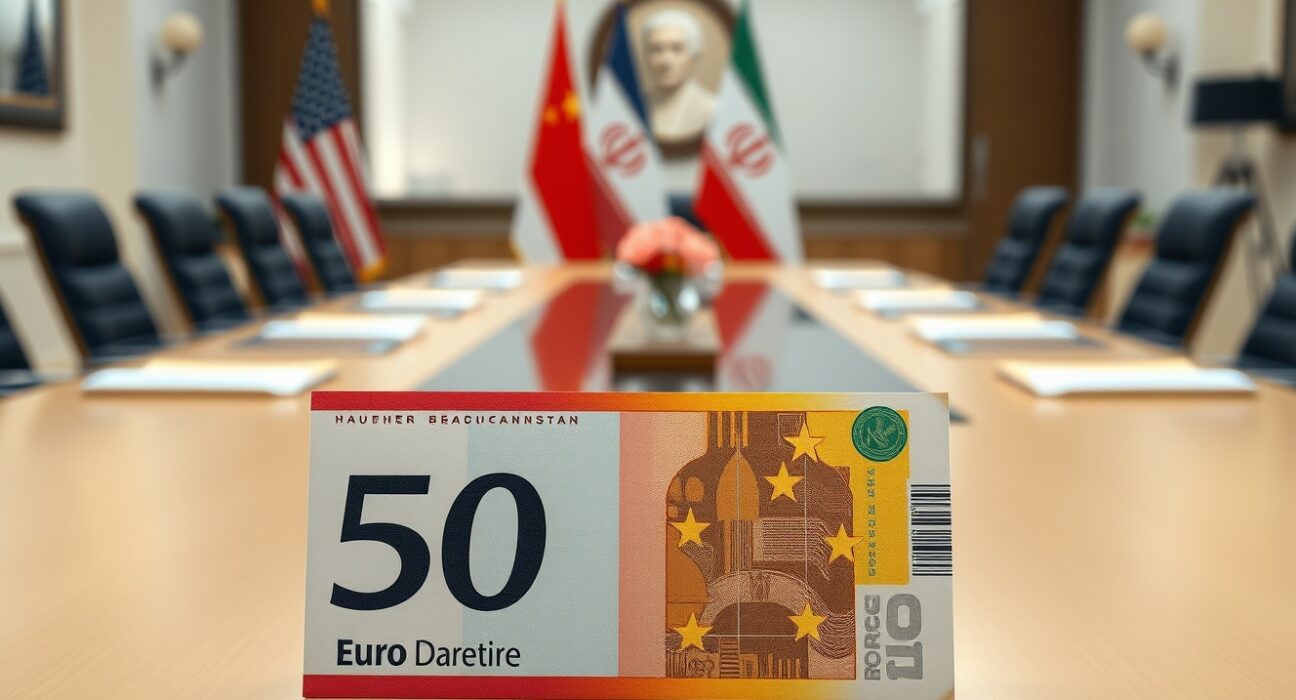 Euro banknote in focus with blurred US and Iran flags in background