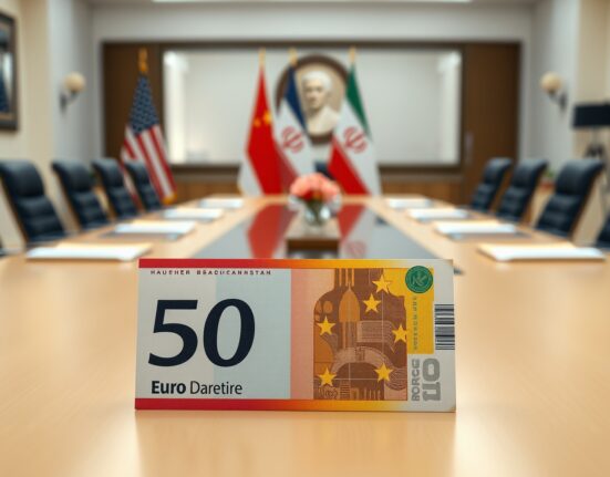 Euro banknote in focus with blurred US and Iran flags in background
