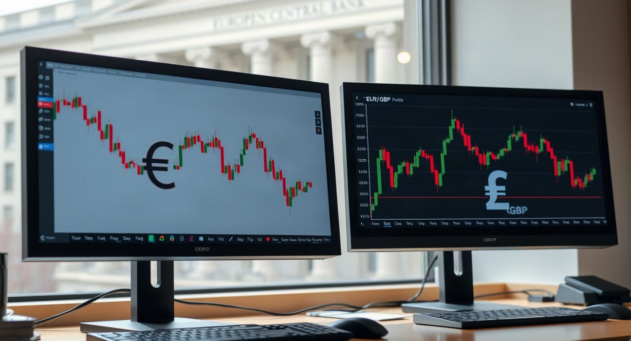EUR/GBP exchange rate chart on trading screens with Euro and Pound symbols