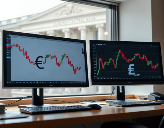 EUR/GBP exchange rate chart on trading screens with Euro and Pound symbols