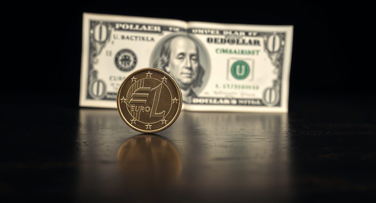 Euro coin and US Dollar bill on a desk, representing currency market analysis and the Euro's potential decline.