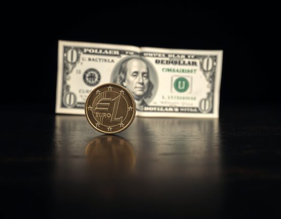 Euro coin and US Dollar bill on a desk, representing currency market analysis and the Euro's potential decline.
