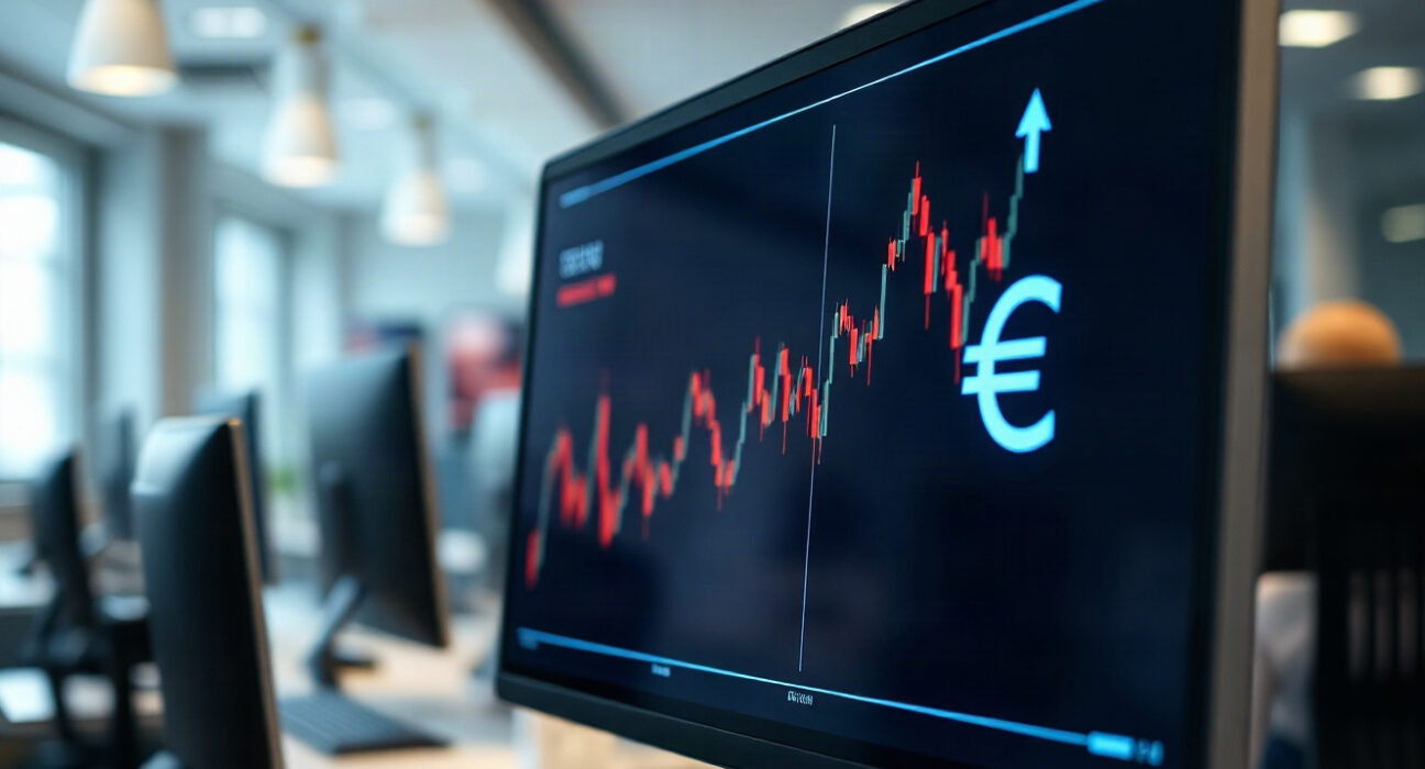 Euro currency symbol on a financial chart with an upward trend, representing market analysis