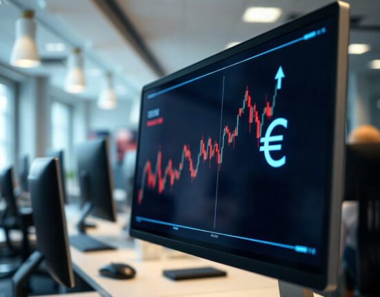 Euro currency symbol on a financial chart with an upward trend, representing market analysis