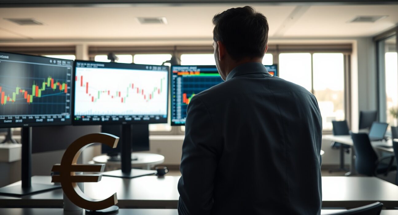 Financial analyst monitors euro currency charts on multiple screens in a modern office.