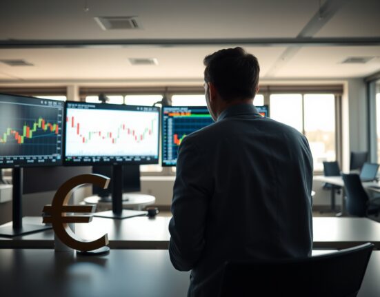Financial analyst monitors euro currency charts on multiple screens in a modern office.
