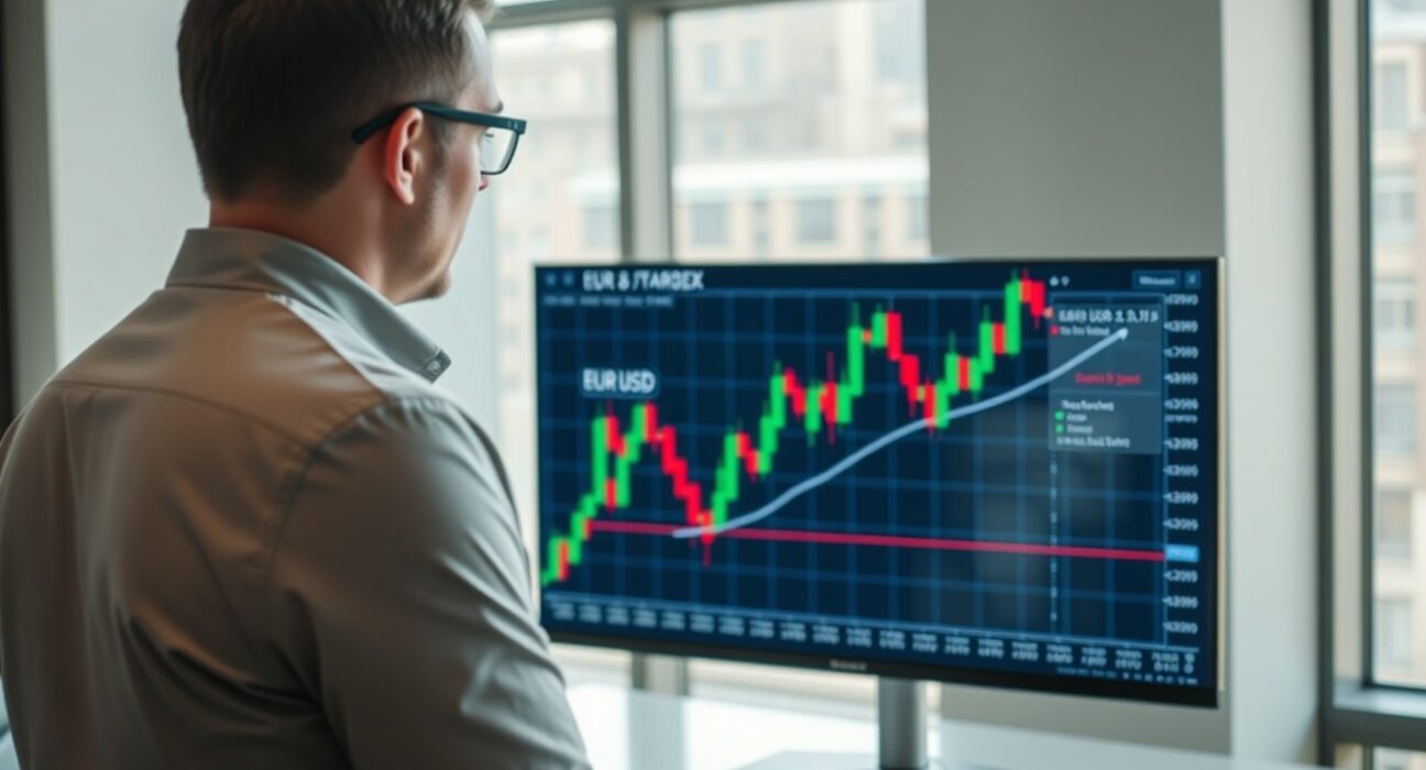 Analyst examining EUR/USD forex chart with upward trend in modern office