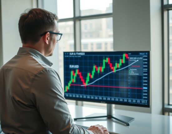 Analyst examining EUR/USD forex chart with upward trend in modern office
