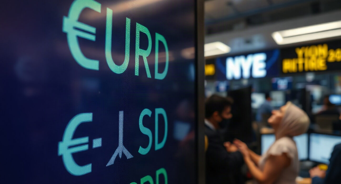 Euro and US dollar currency exchange rate chart on a trading screen