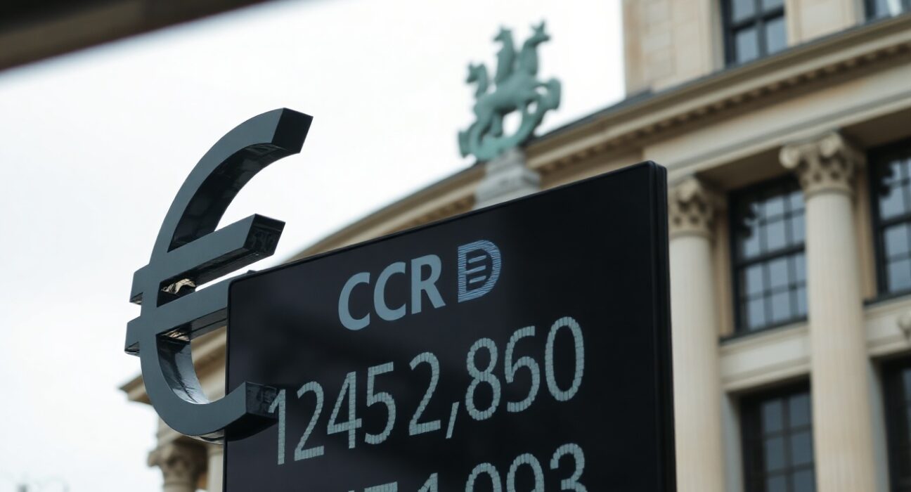 EUR/USD exchange rate board with European Central Bank building in background