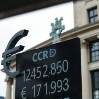 EUR/USD exchange rate board with European Central Bank building in background
