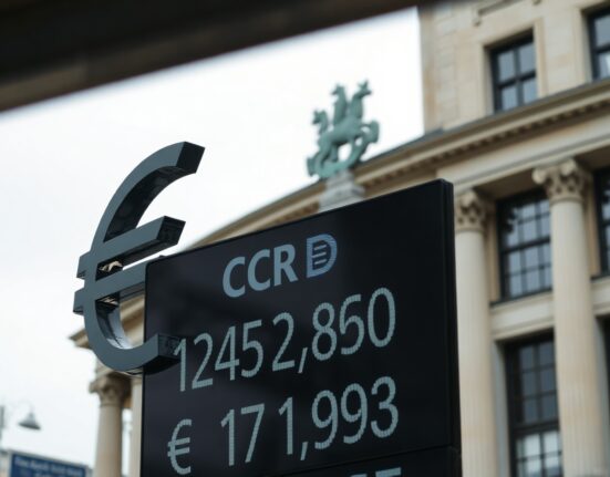 EUR/USD exchange rate board with European Central Bank building in background