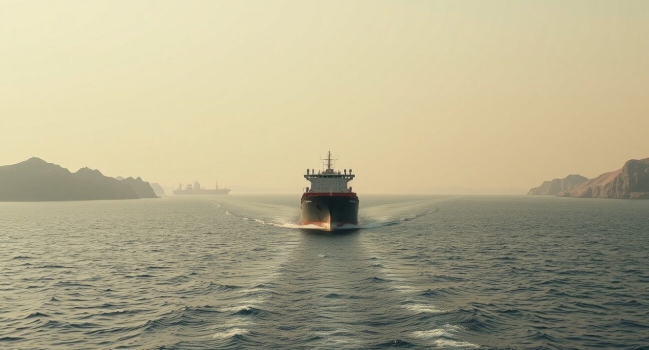 Cargo ship navigating the Strait of Hormuz under overcast sky, representing geopolitical risk focus for Euro markets.