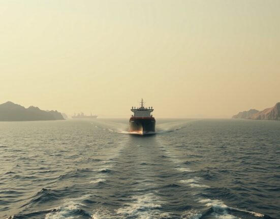 Cargo ship navigating the Strait of Hormuz under overcast sky, representing geopolitical risk focus for Euro markets.