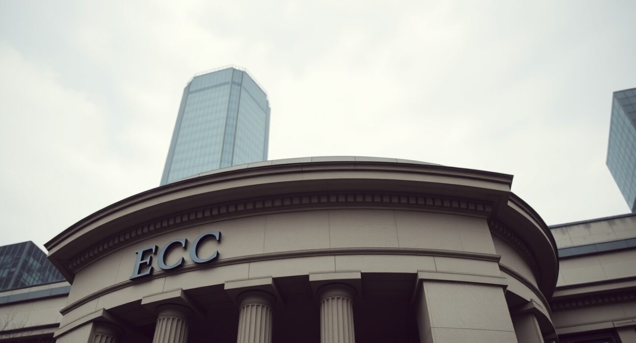 European Central Bank headquarters in Frankfurt under overcast sky, representing monetary policy analysis.