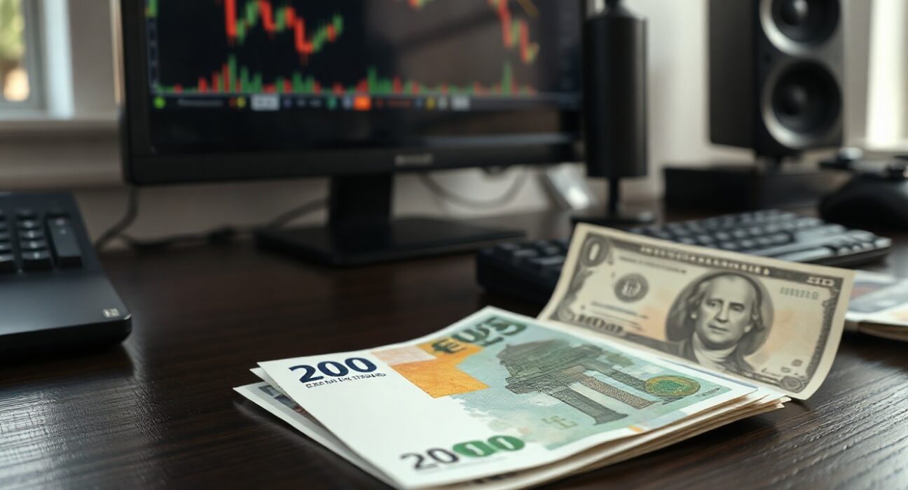 Euro banknotes and a US dollar bill on a desk with a financial chart in the background.