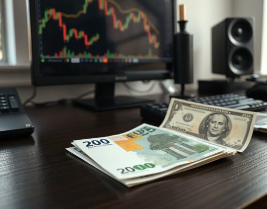 Euro banknotes and a US dollar bill on a desk with a financial chart in the background.