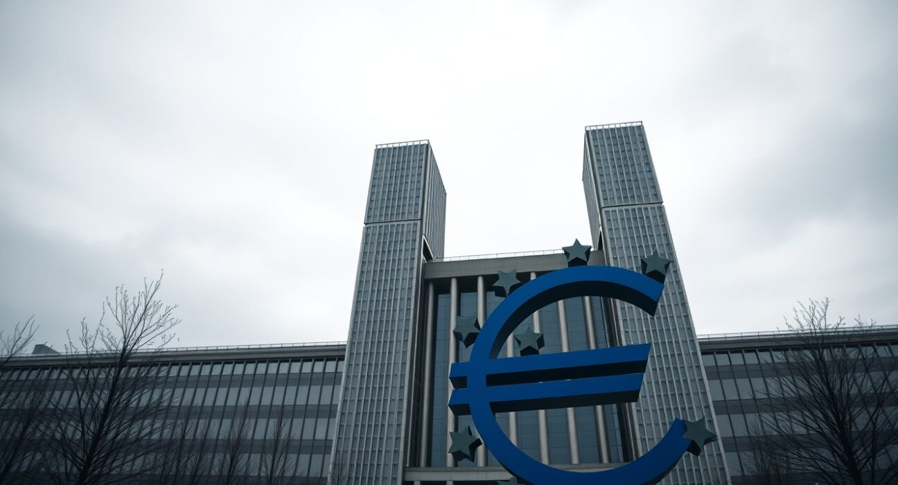 European Central Bank headquarters in Frankfurt under overcast sky, representing Eurozone economic outlook
